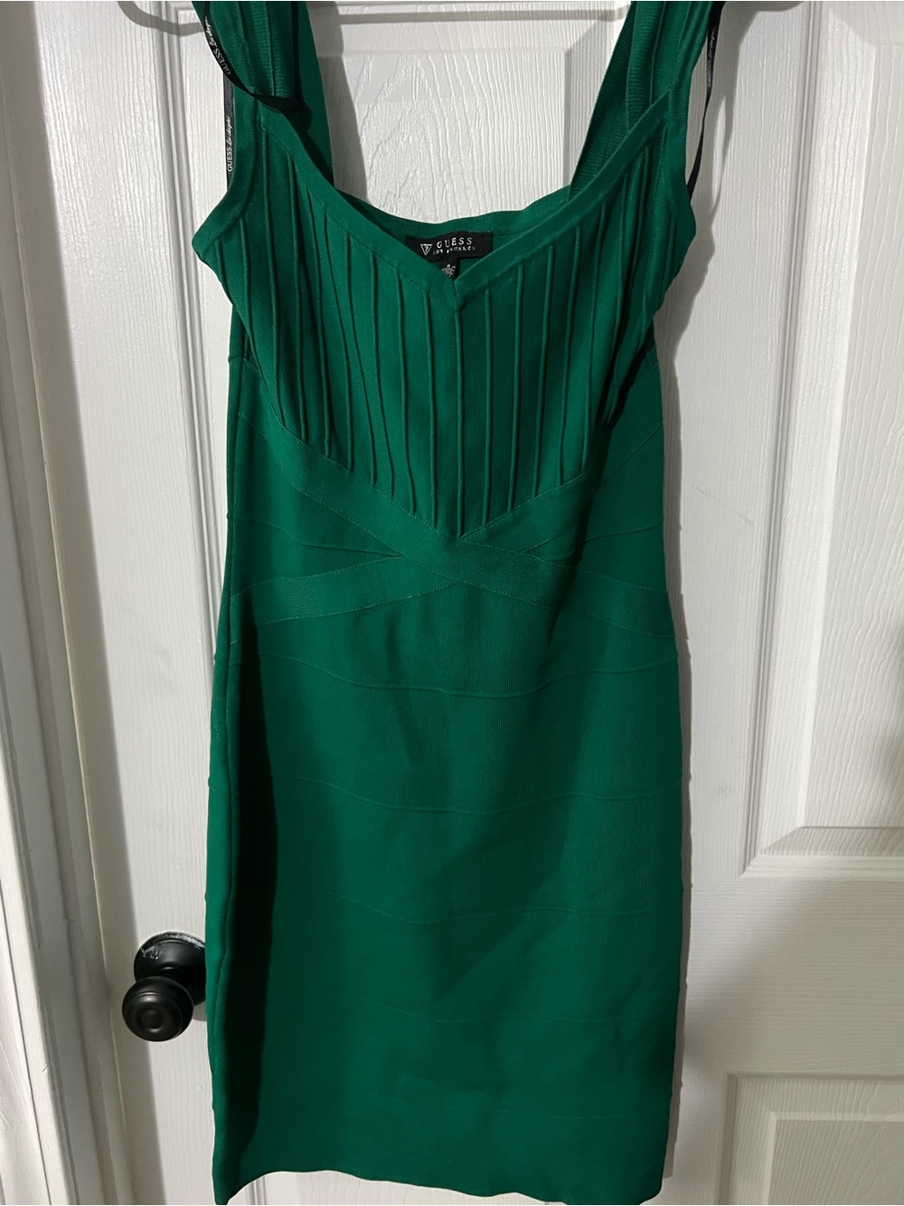 GUESS Deep Green Pleated V-Neck Midi Dress